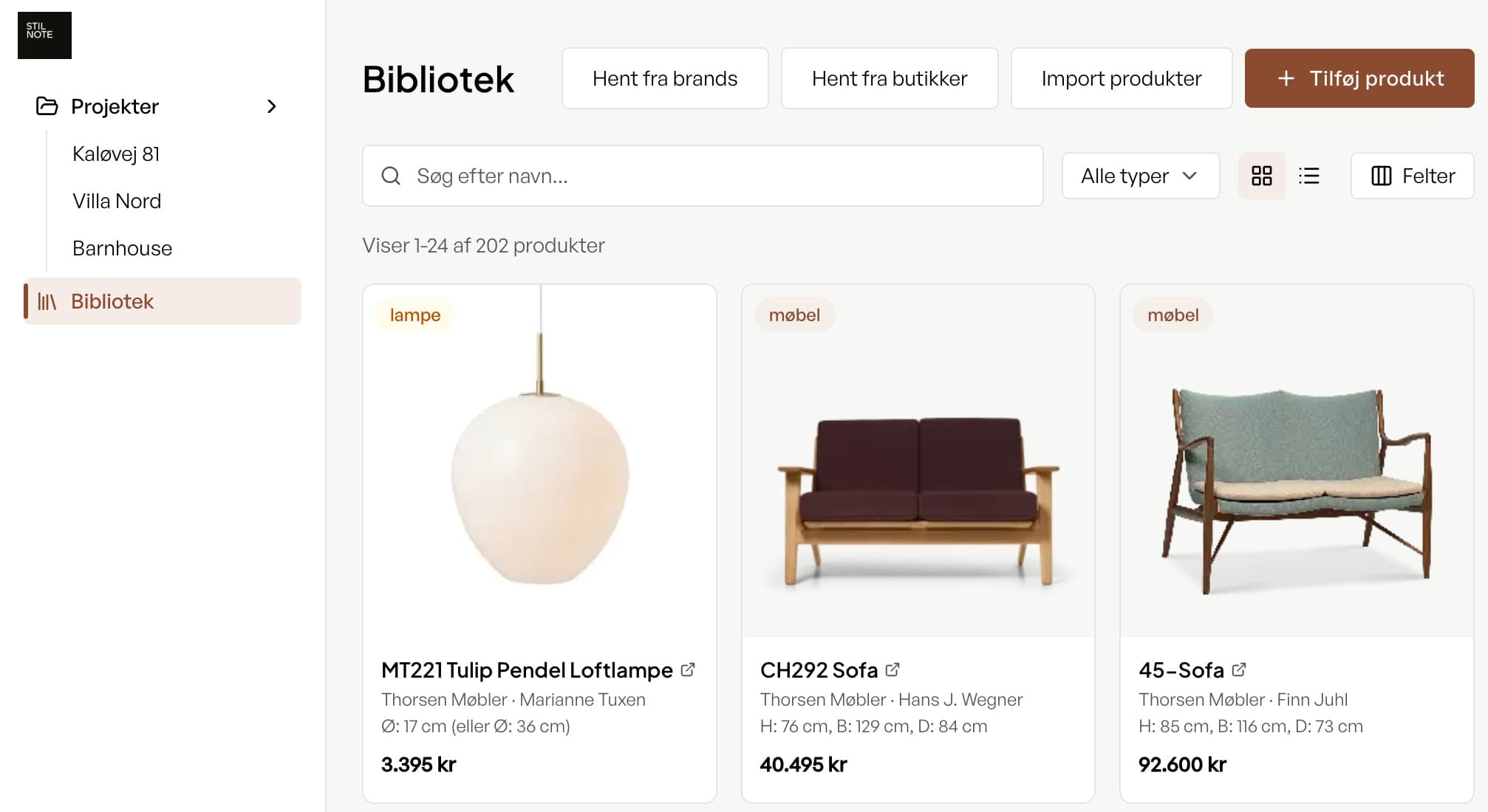 Stilnote-biblioteket med importerede produkter
